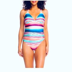 NWT LA BLANCA SOLAR STRIPE LACE UP 1PC SWIMSUIT BEAUTIFUL COLOR BLOCK SZ 8